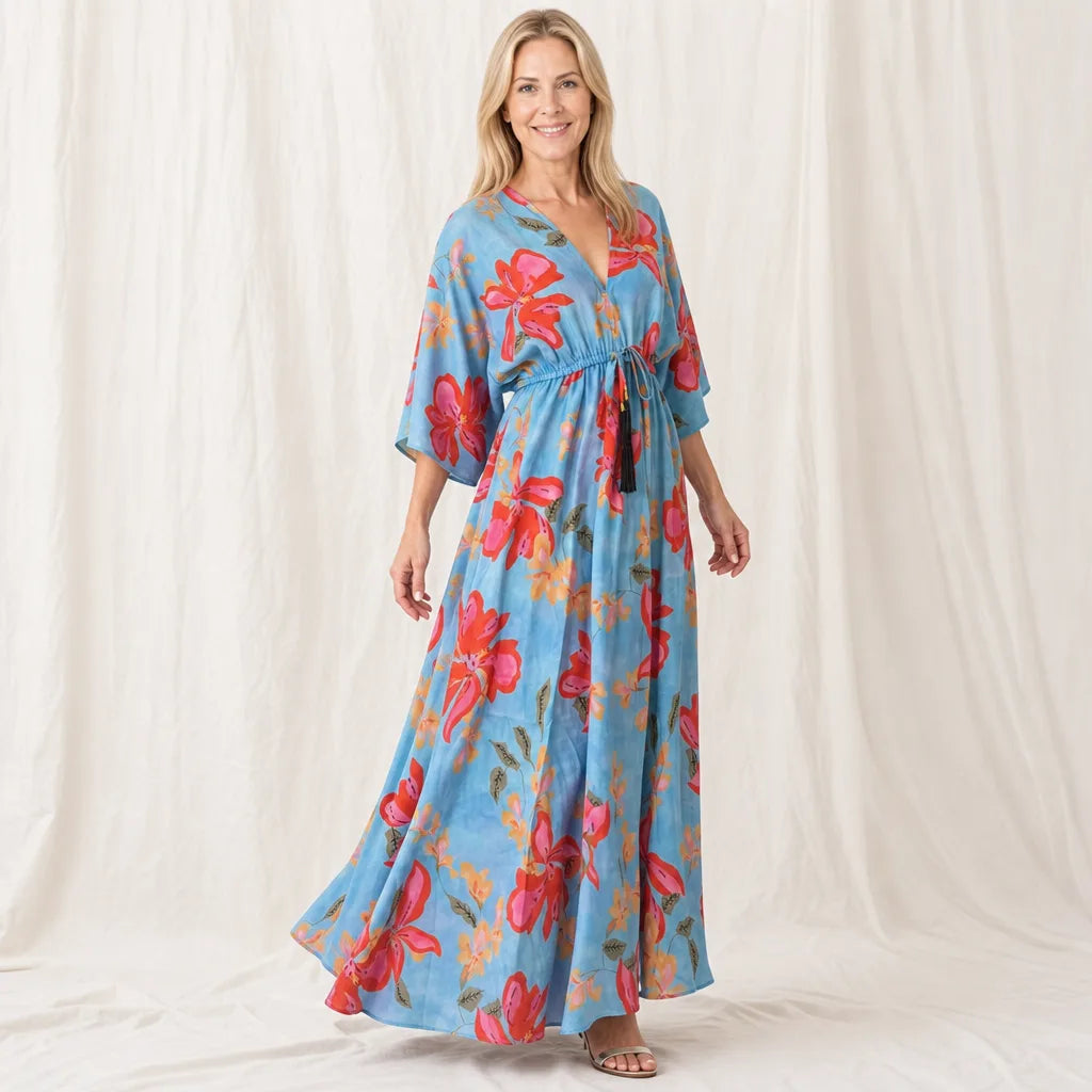 Women's Blue Quentin Printed V-Neck Dress