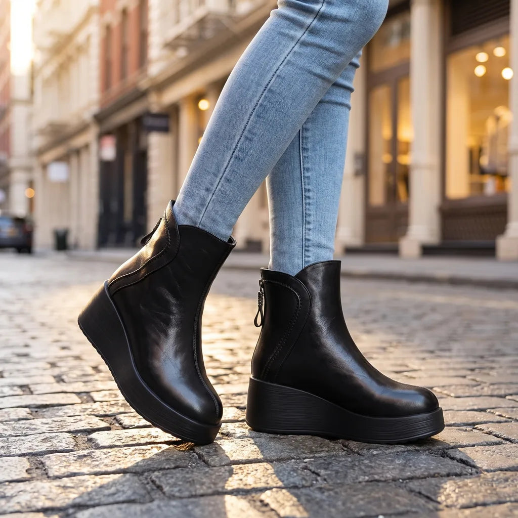 Ebony | Women's Orthopedic Wedge Ankle Boots - Color:Black;Size:35