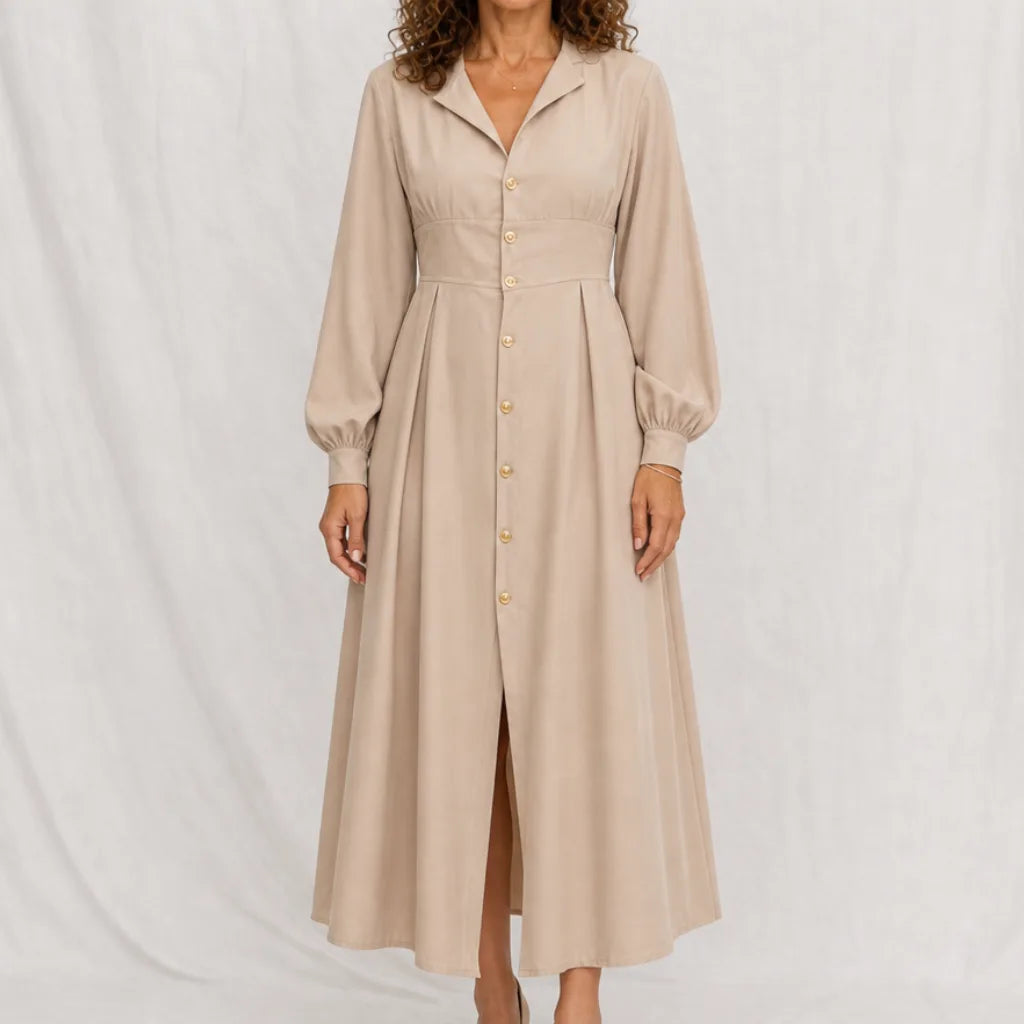 Eleanor Lantern Sleeve Dress - Color:Beige;Size:XS