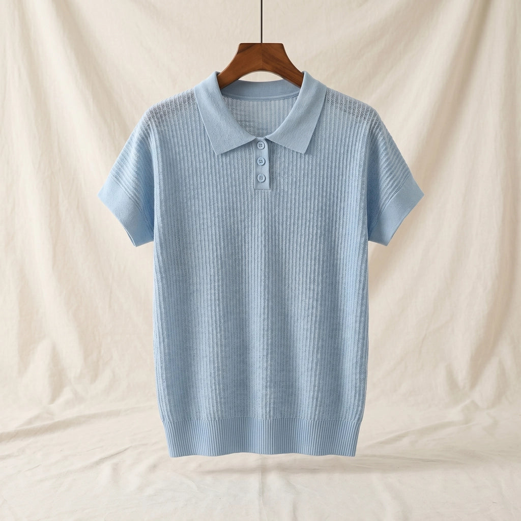 Elise Tencel Knit Polo - Color:Sky Blue;Size:XS