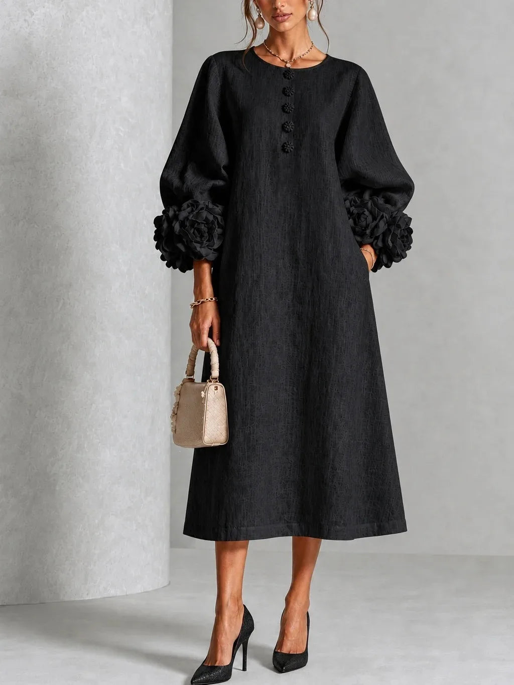 Emery | Women's Floral Appliqué Lantern-Sleeve Midi Dress - Color:Black;Size:XS