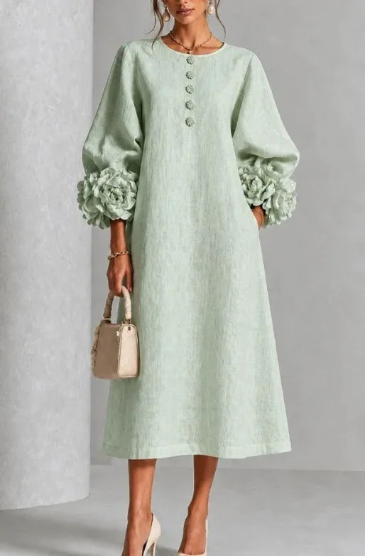 Emery | Women's Floral Appliqué Lantern-Sleeve Midi Dress - Color:Light Green;Size:XS