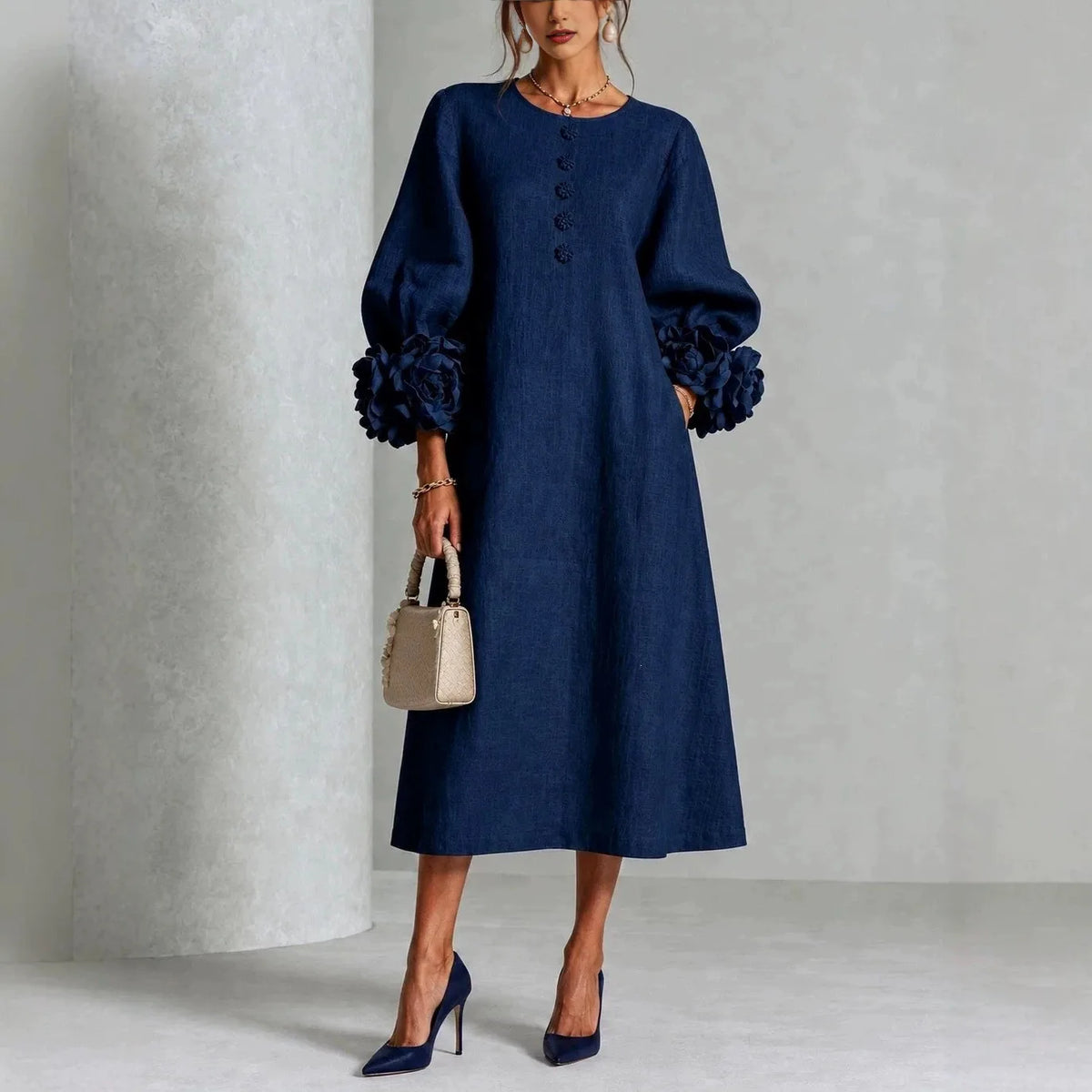 Emery | Women's Floral Appliqué Lantern-Sleeve Midi Dress - Color:Navy Blue;Size:XS