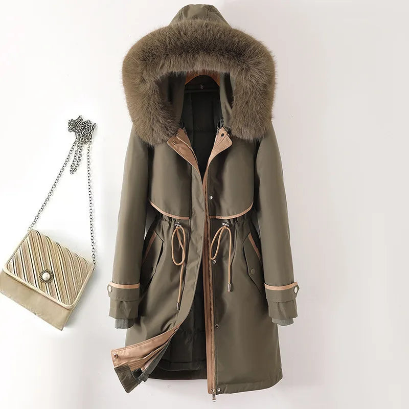 Farah | Women's Cosy Hooded Faux Fur Winter Coat - Color:Military Green;Size:S