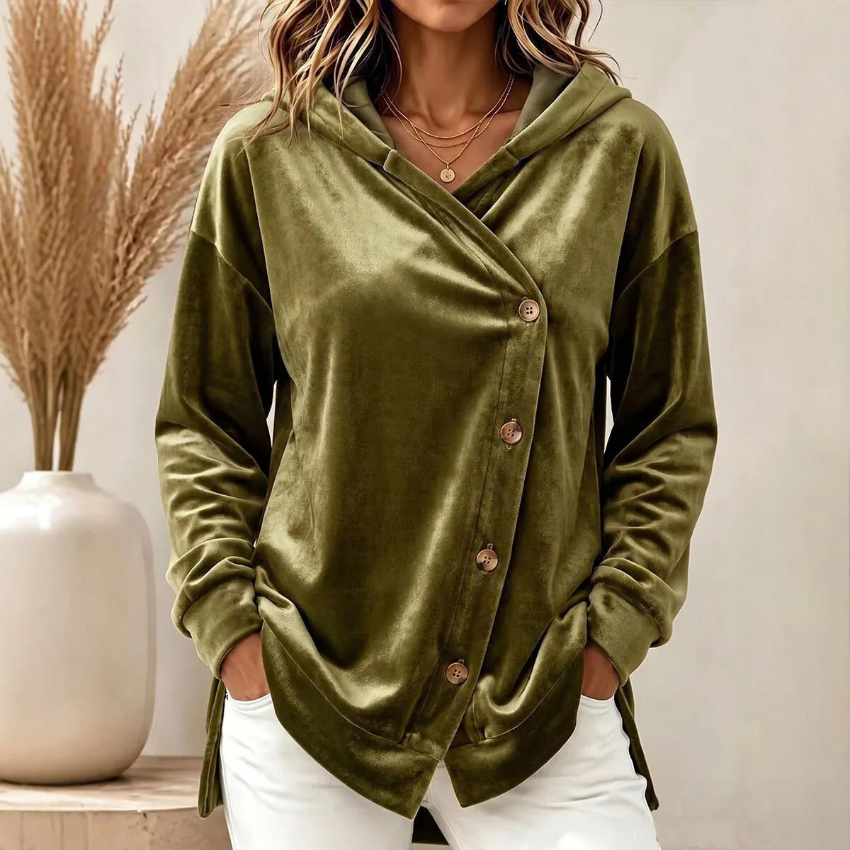 Faye | Women's Hooded Winter Velvet Cardigan Jacket - Size:XS;Color:Army Green