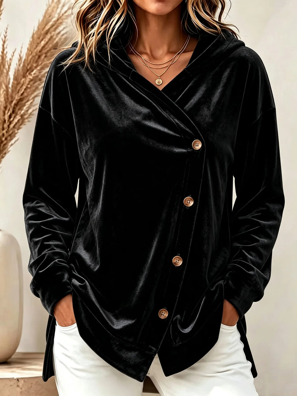 Faye | Women's Hooded Winter Velvet Cardigan Jacket - Size:XS;Color:Black