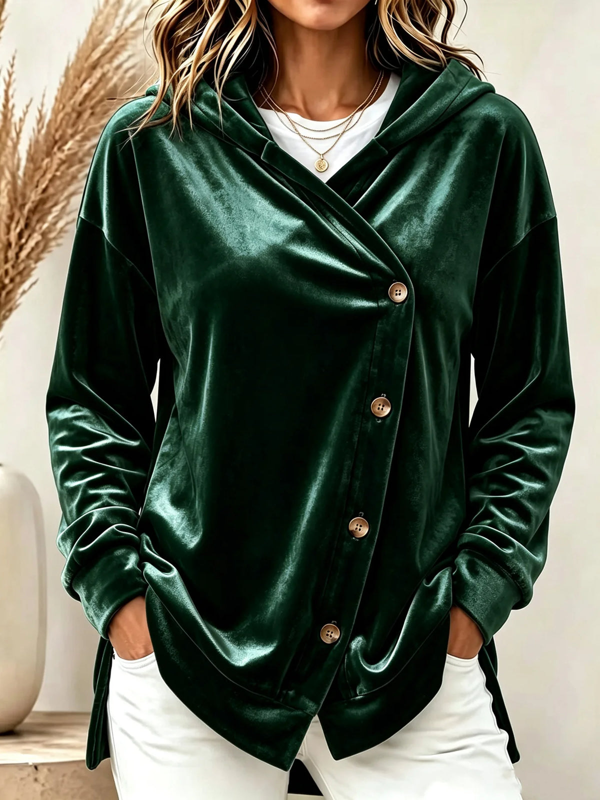 Faye | Women's Hooded Winter Velvet Cardigan Jacket - Size:XS;Color:Dark Green