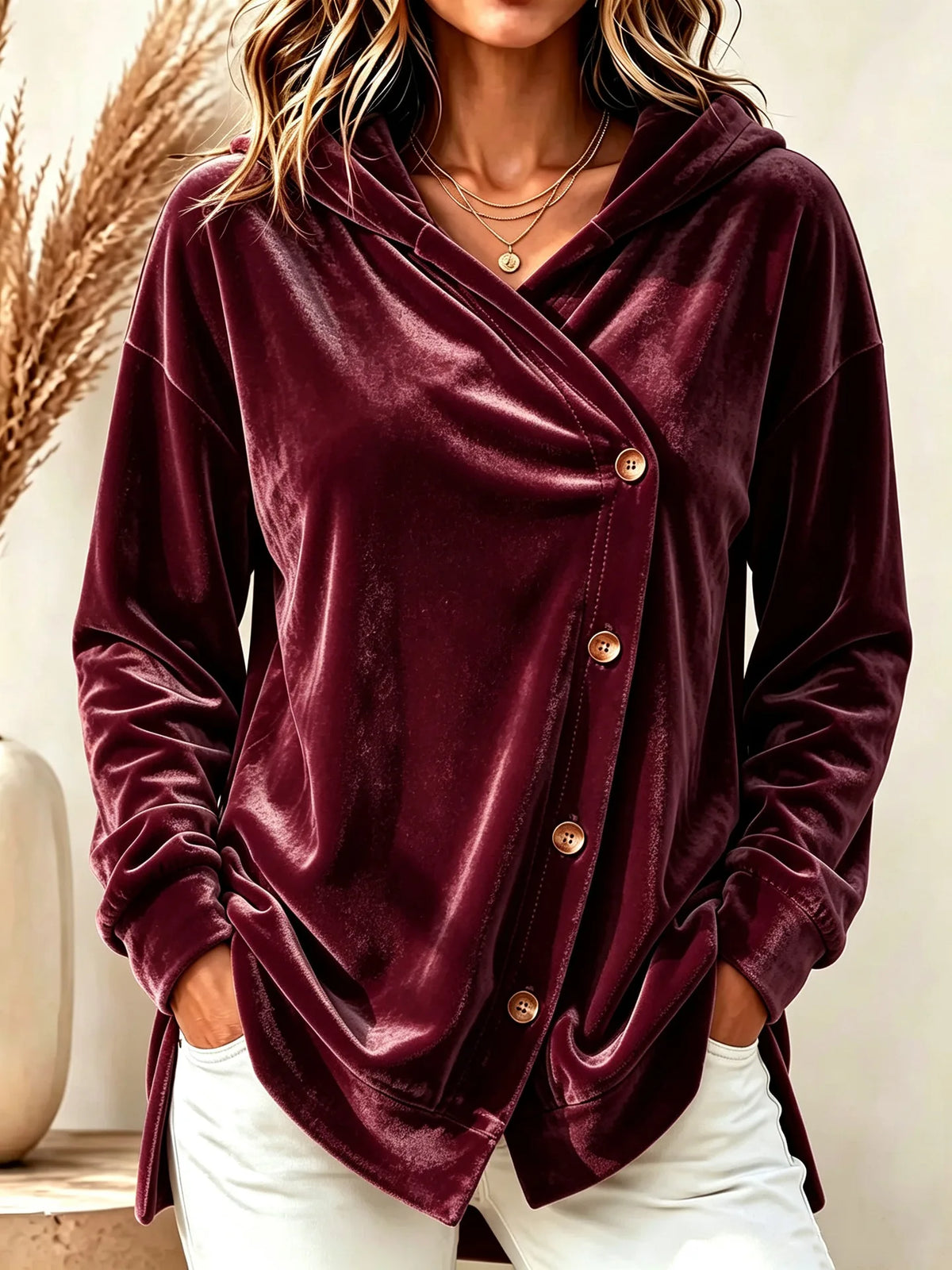 Faye | Women's Hooded Winter Velvet Cardigan Jacket - Size:XS;Color:Wine Red