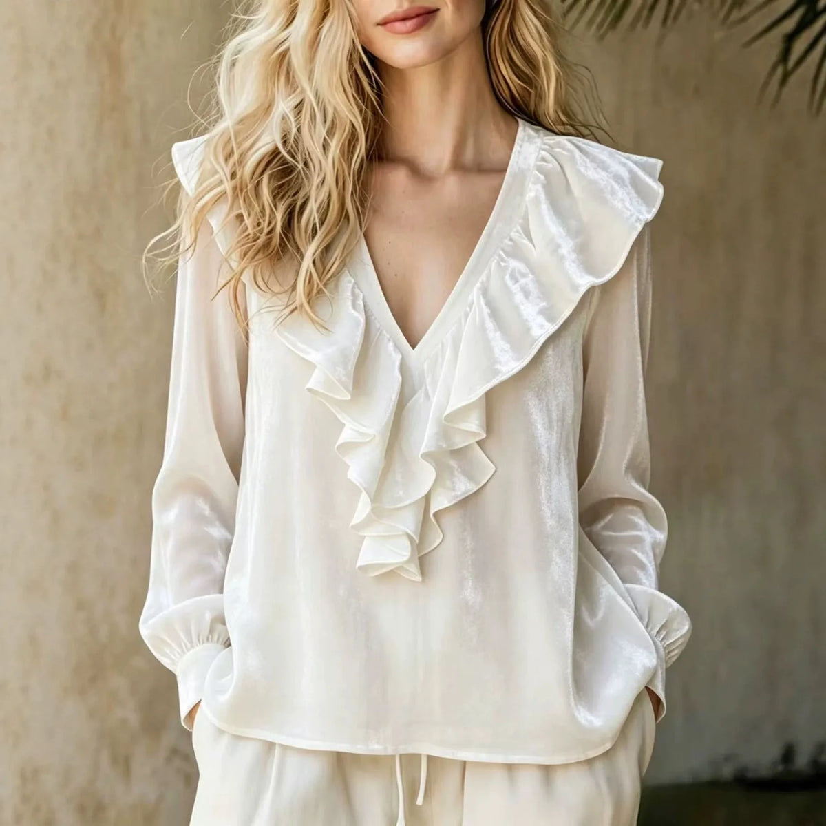 Felicia | Women's Velvet Ruffle Sweater - White