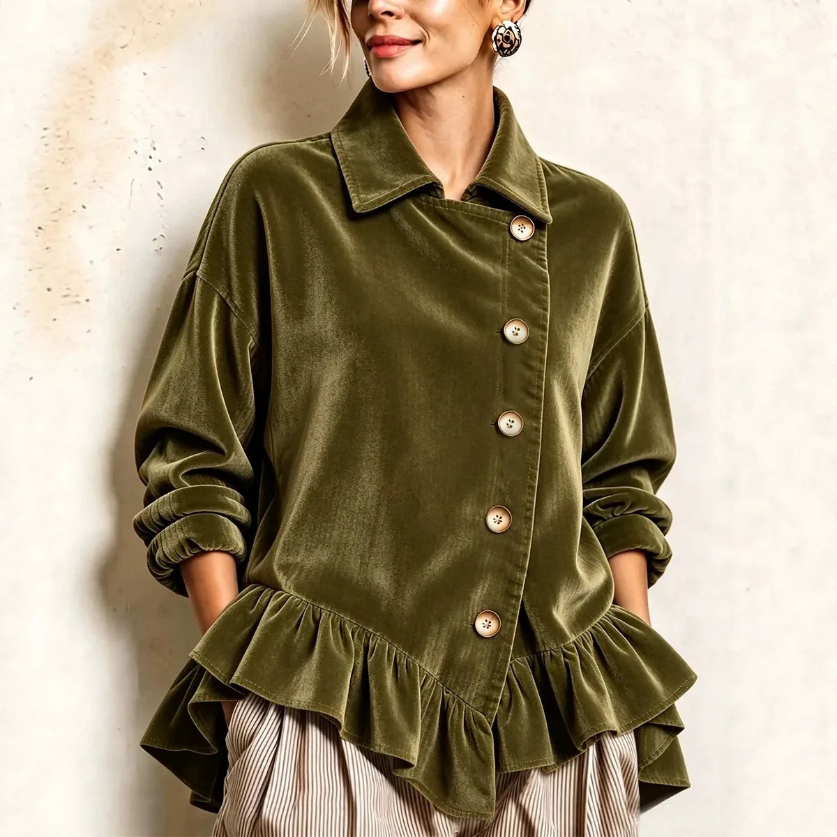 Gabriela | Women's Velvet Ruffle-Hem Shirt Jacket - Army Green