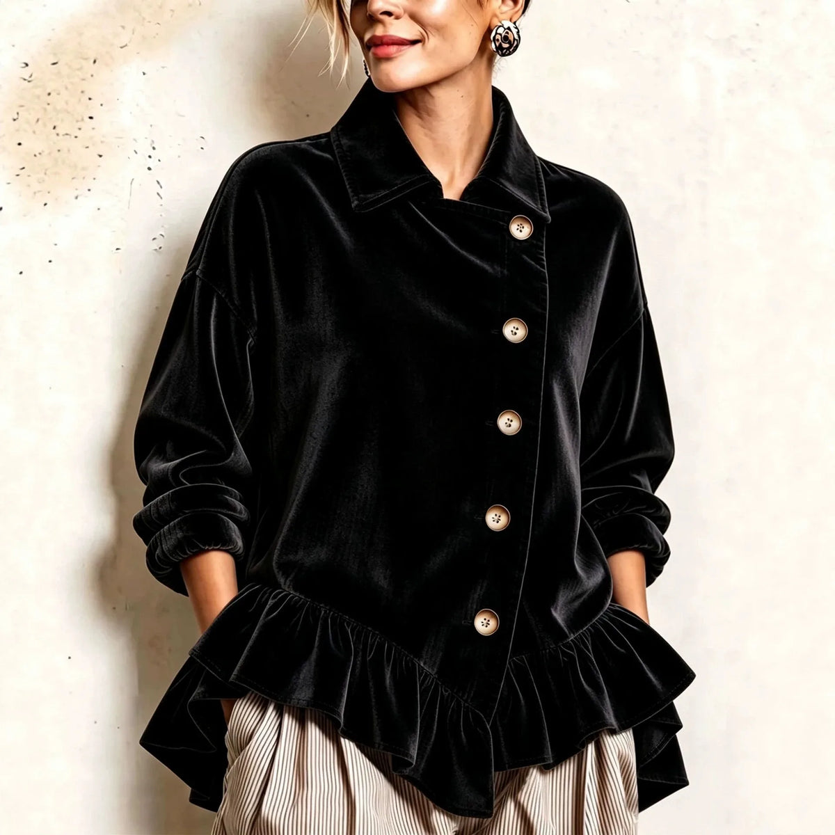 Gabriela | Women's Velvet Ruffle-Hem Shirt Jacket - Black