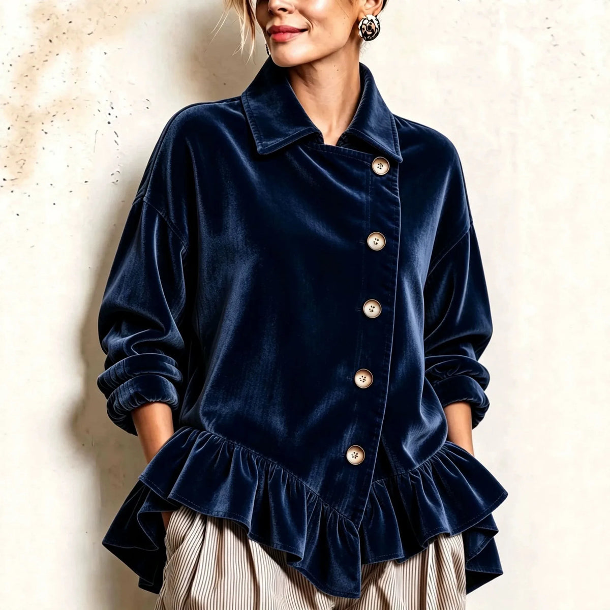 Gabriela | Women's Velvet Ruffle-Hem Shirt Jacket - Navy