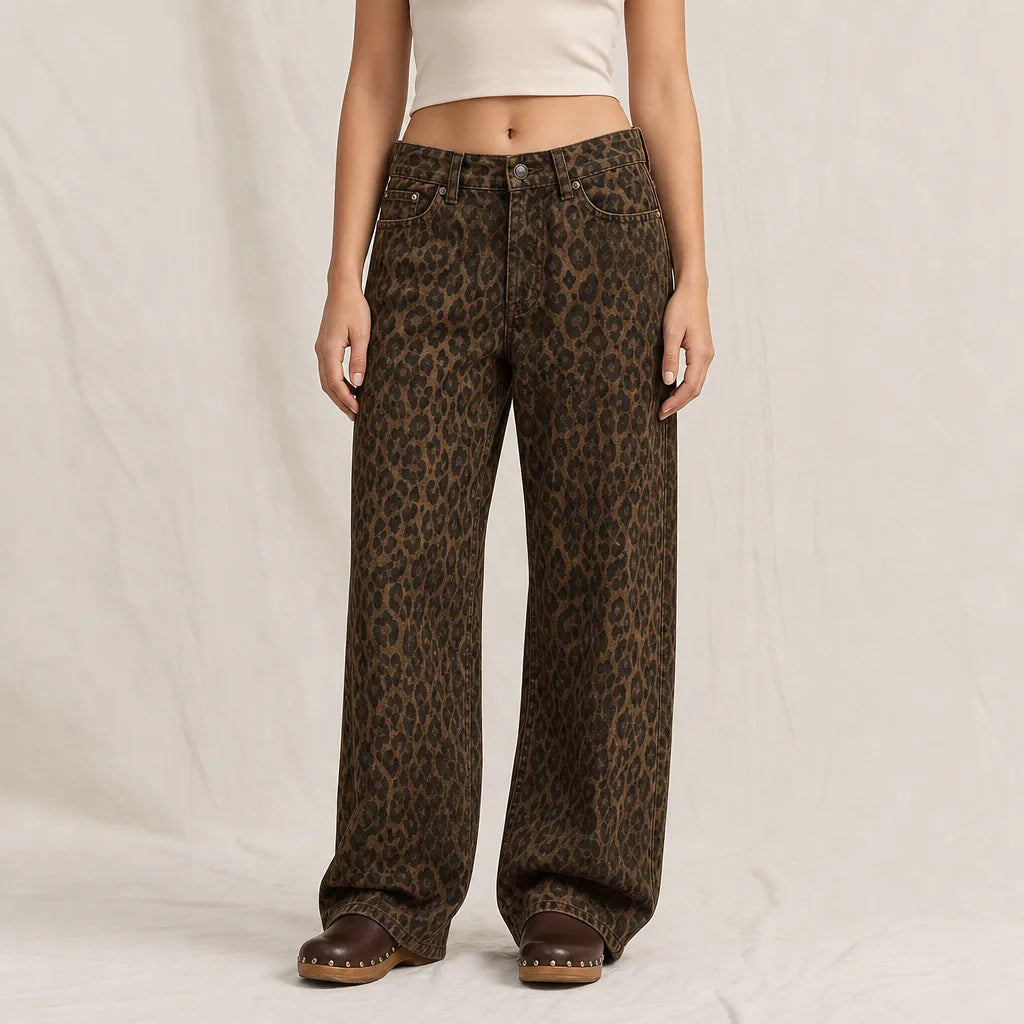 Georgina Leopard Wide Leg Jeans - Color:Leopard;Size:XS
