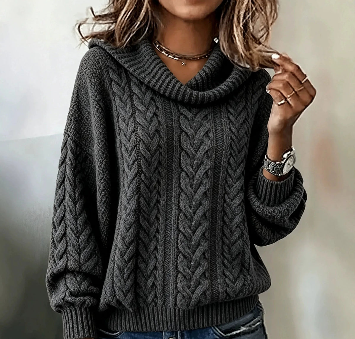 Hazel | Women's Cable-Knitted Jumper - Color:Dark Gray;Size:XS