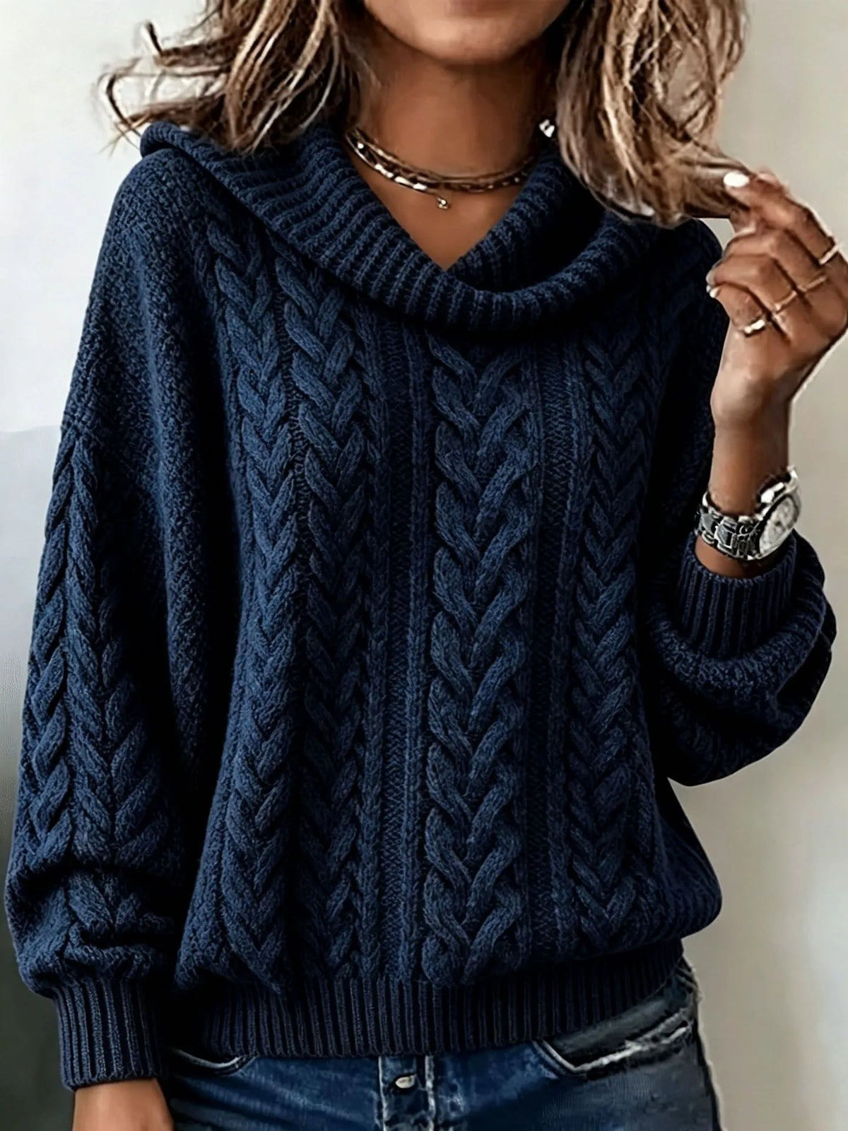Hazel | Women's Cable-Knitted Jumper - Color:Navy Blue;Size:XS