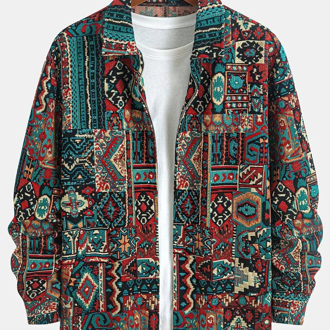 Ian | Men's Patterned Lapel Zip Jacket - Color:Burgundy;Size:XS