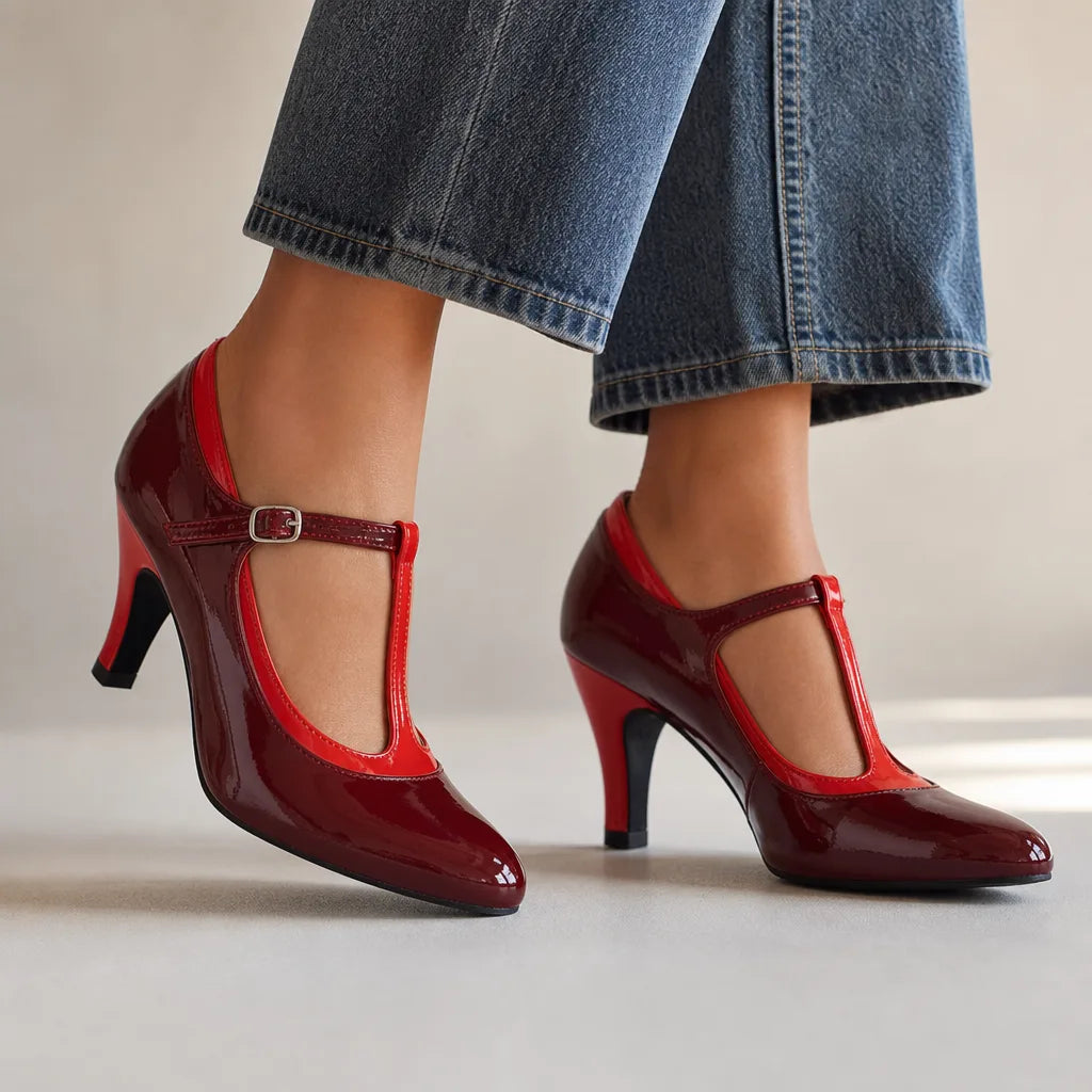 Iris Pointed Mary Jane Heels - Color:Burgundy;Size:35