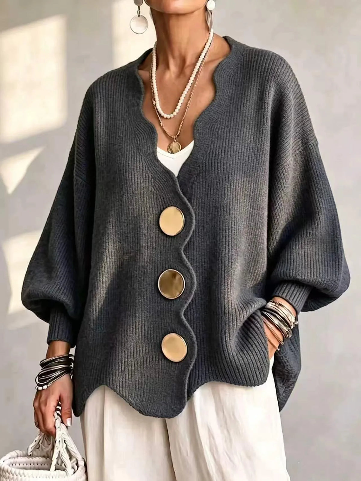 Isobelle | Women's Buttoned Knitted Cardigan - Color:Dark Gray;Size:XS