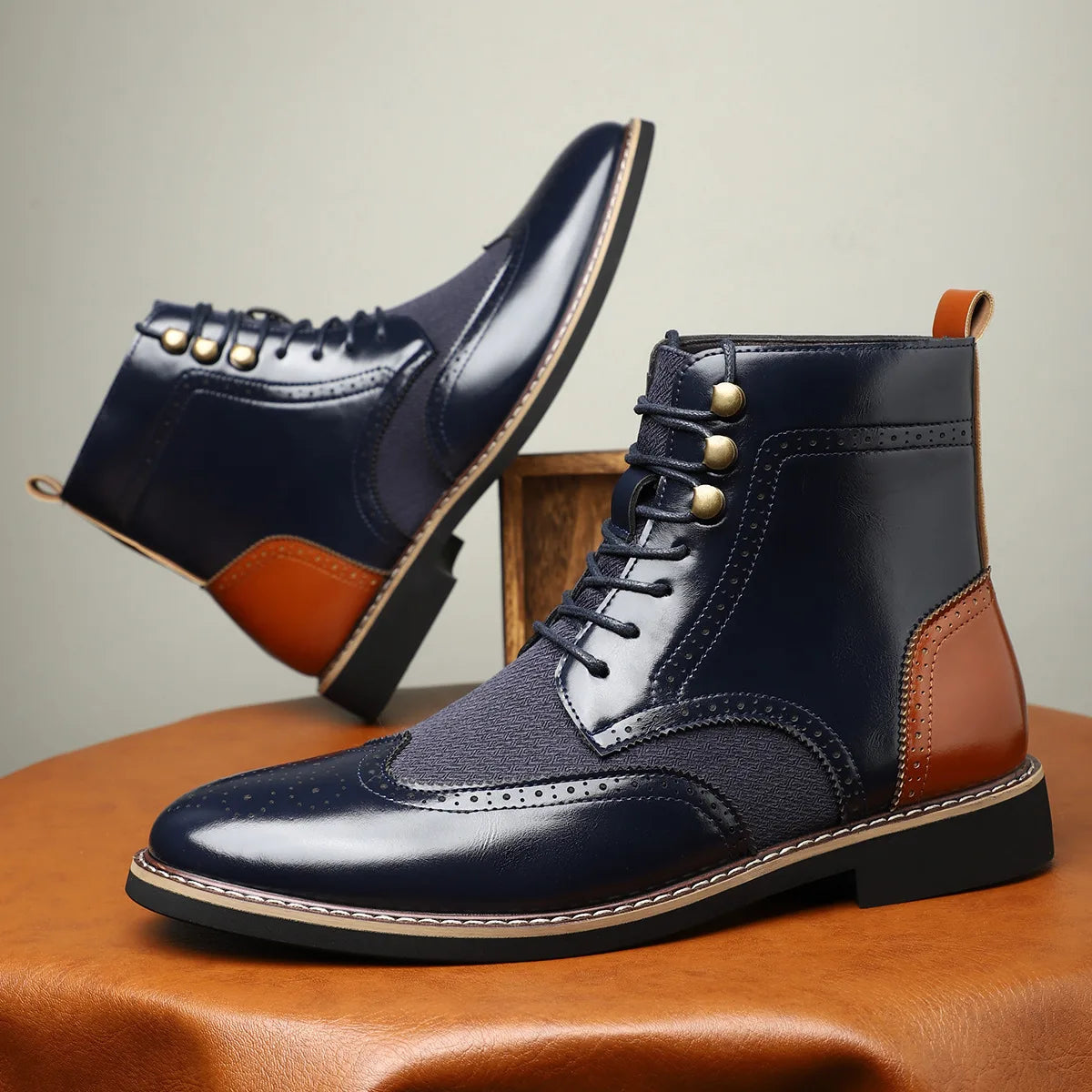 Jakob | Men's Brogue Ankle Boots - Color:Dark Blue;Size:39