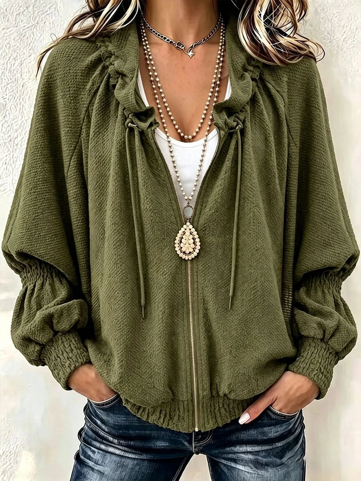 Jamie | Women's Pleated Jacket - Color:Army Green;Size:XS