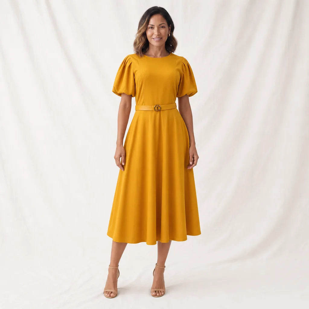 Jennifer Puff Sleeve Dress - Color:Yellow;Size:XS