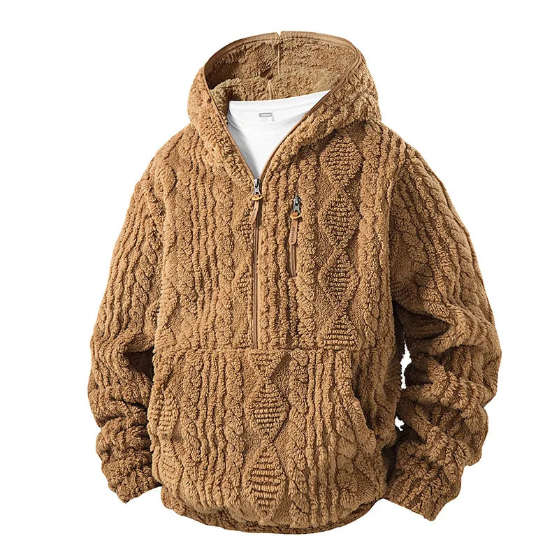 Josef | Men's Cable Knitted Fleece Hoodie - Color:Khaki;Size:XS