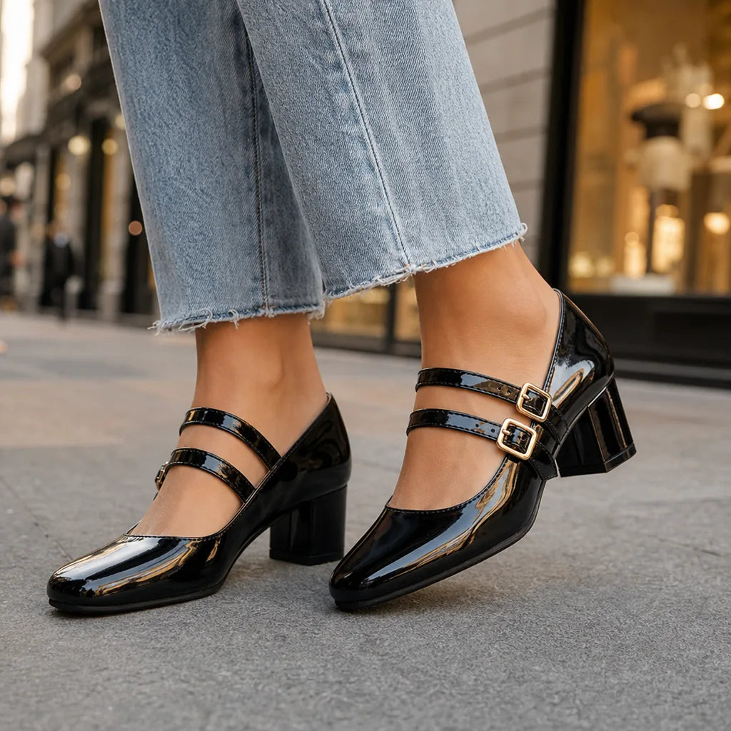 Women's Black Cohen Buckle Block Heel Pumps