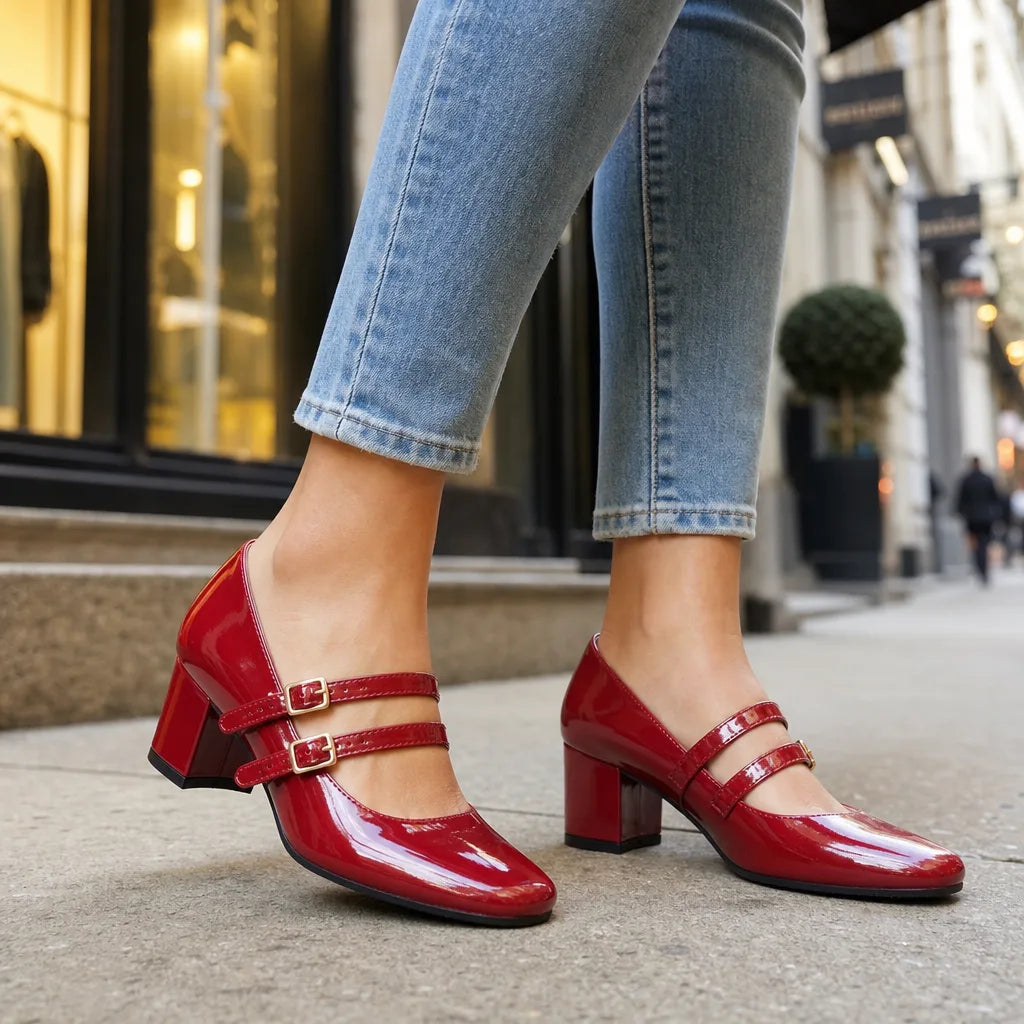 Women's Red Cohen Buckle Block Heel Pumps