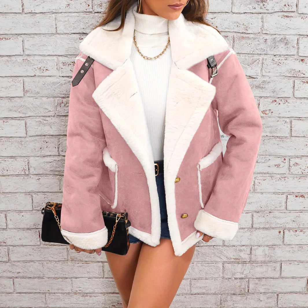 Judy | Women's Shearling Suede Winter Jacket - Pink