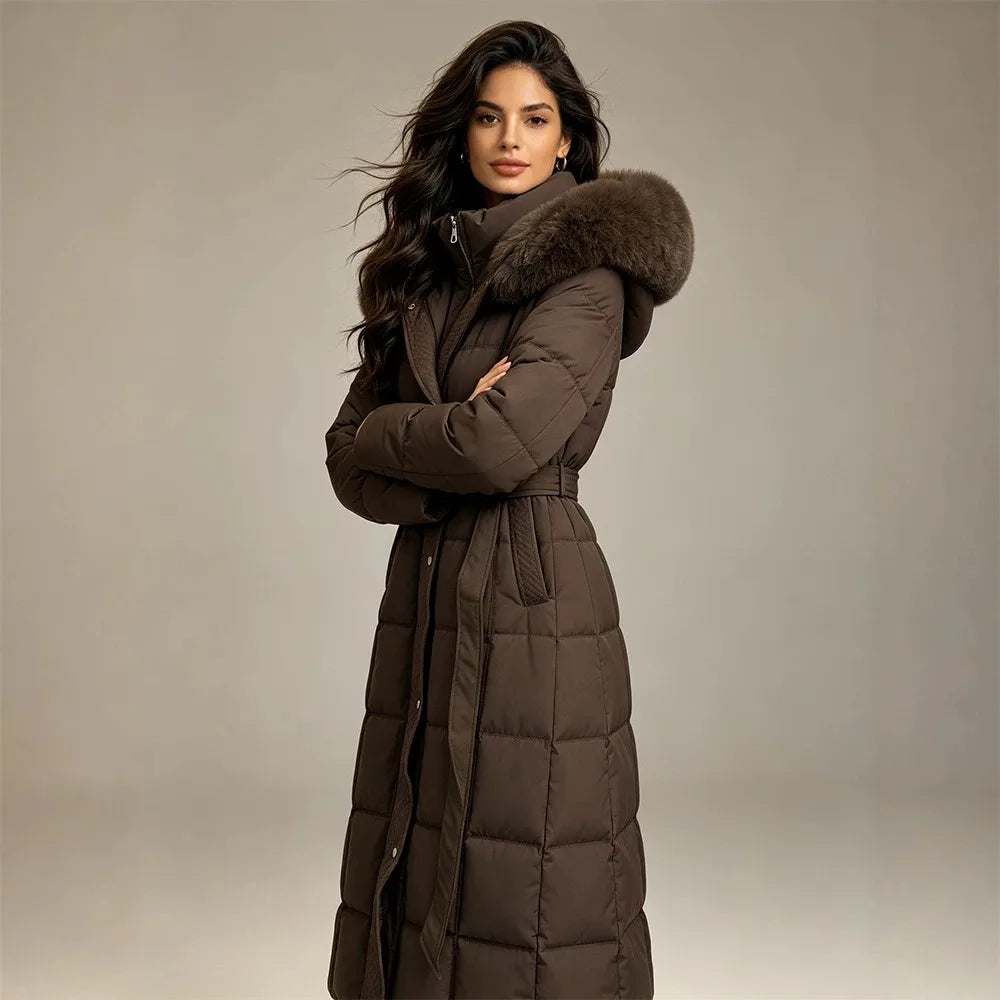 JuliJuliette | Women's Cosy Hooded Longline Coat - Color:Brown;Size:XS