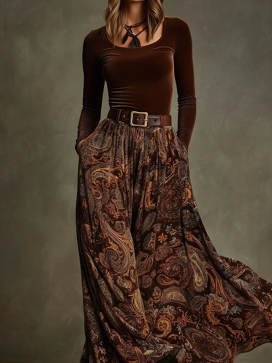 Women's Velvet Top and Paisley Maxi Skirt Set 3.webp