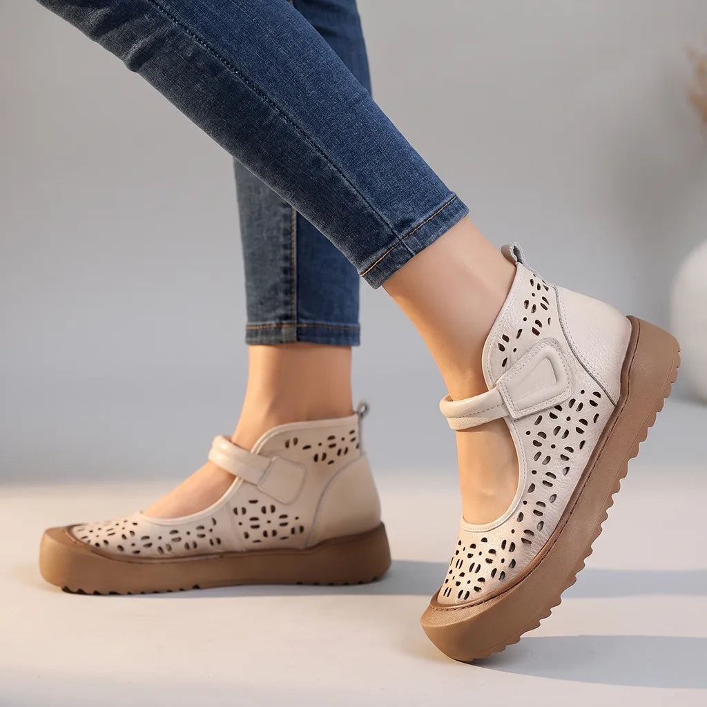 Katerina | Women's Orthopaedic Leather Mary Jane Flats - Color:Beige;Size:35