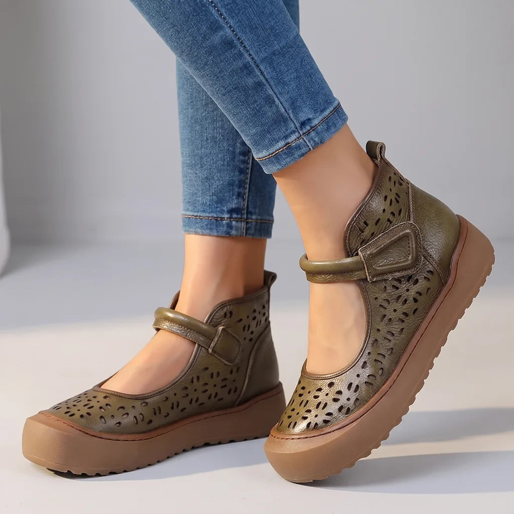 Katerina | Women's Orthopaedic Leather Mary Jane Flats - Color:Green;Size:35