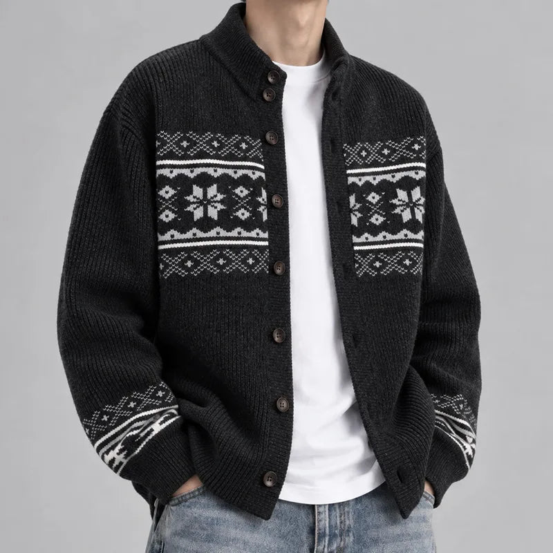 Kevin | Men's Fair Isle Knitted Cardigan - Color:Dark Carbon Gray;Size:S