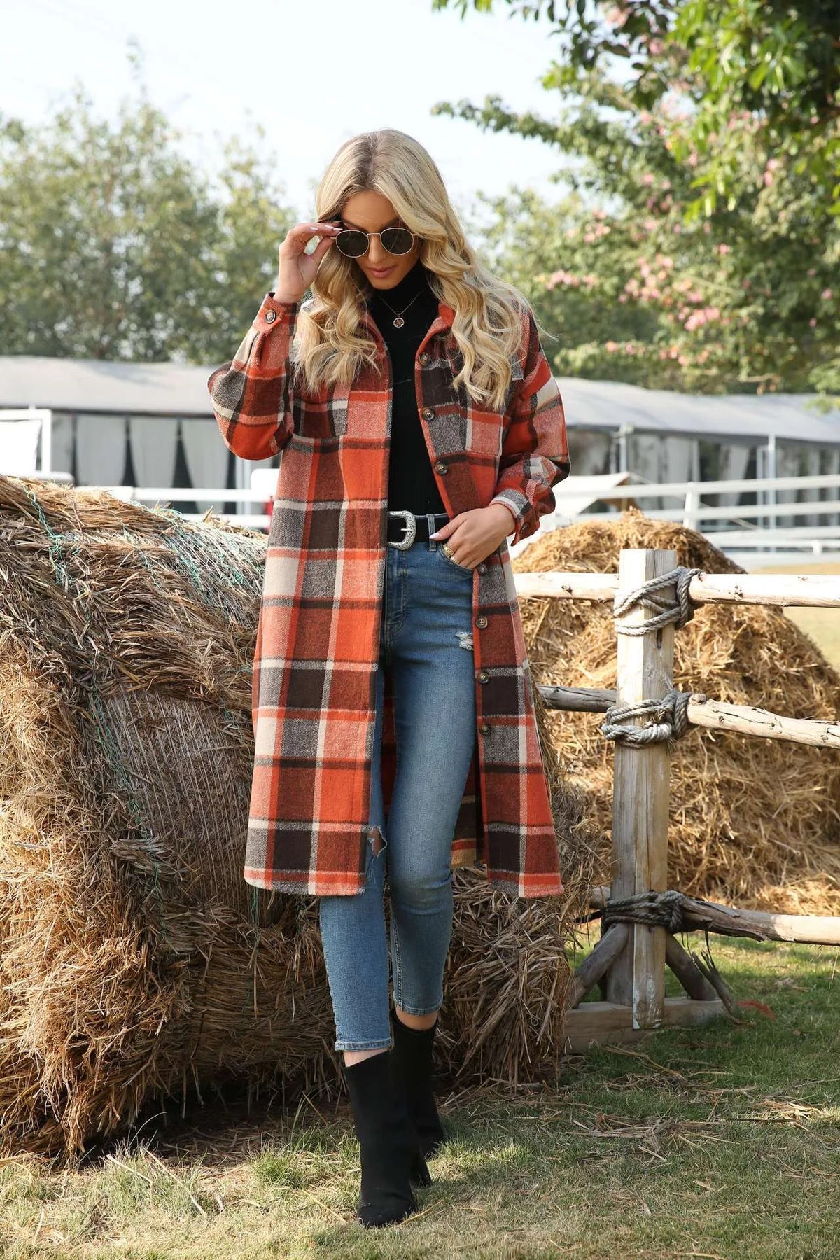 Kiara | Women's Plaid Trench Coat - Color:Tangerine;Size:XS