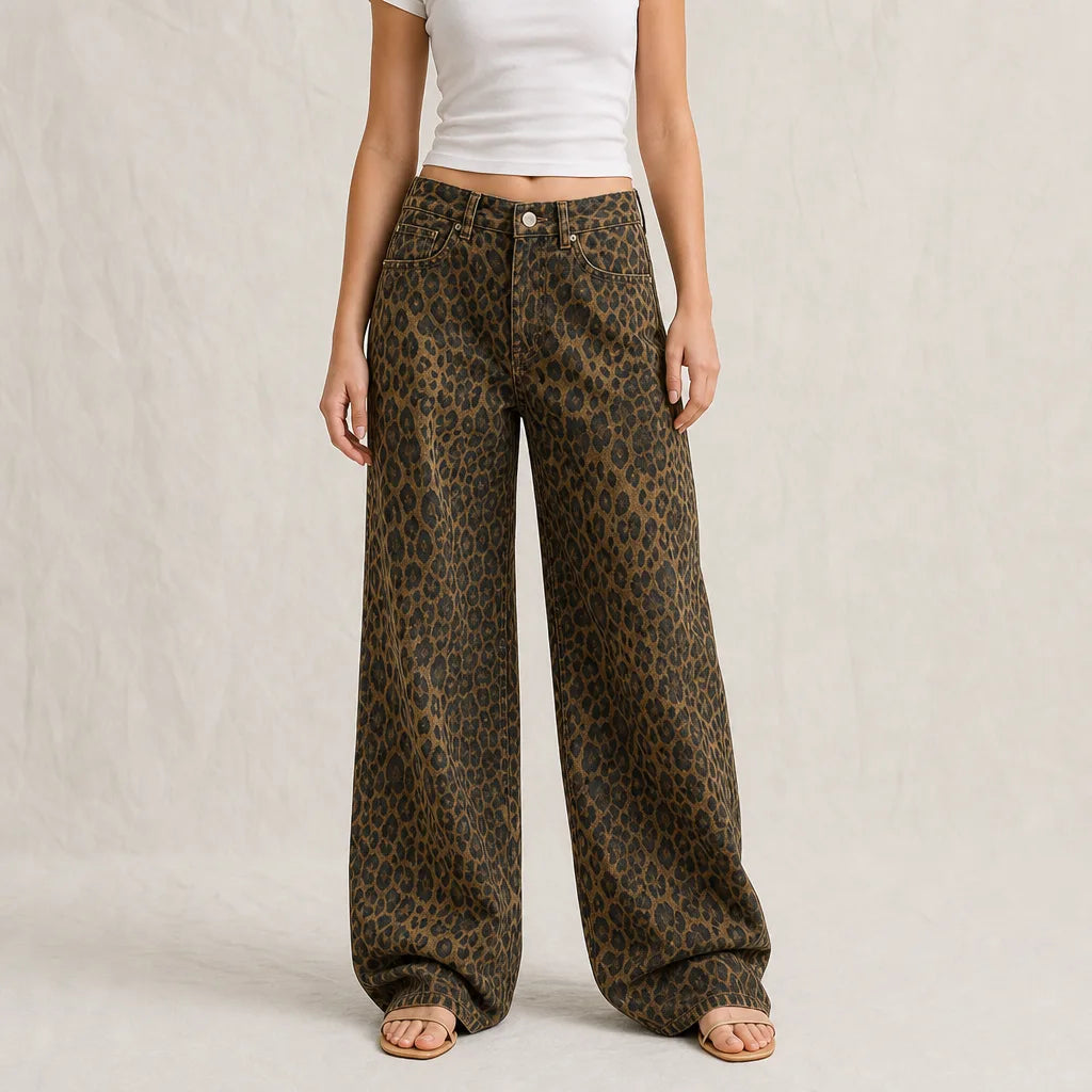 Kyara Leopard Wide-Leg Jeans - Color:Leopard Print;Size:XS
