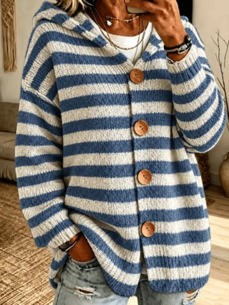 Lacie | Women's Striped Hooded Knitted Cardigan Jacket - Color:Blue;Size:XS