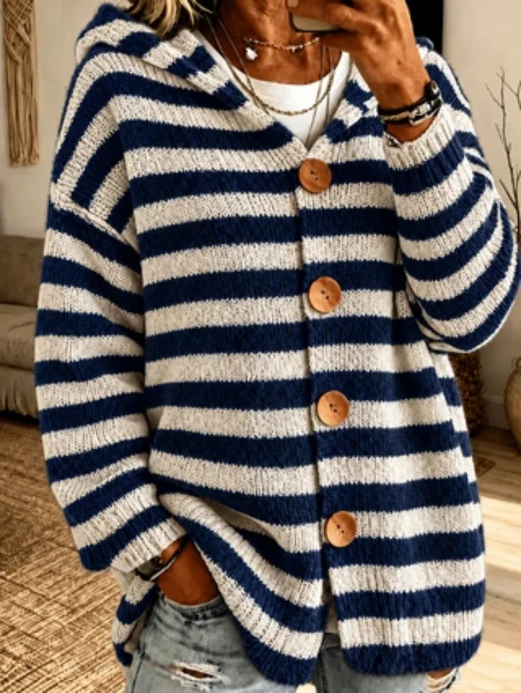 Lacie | Women's Striped Hooded Knitted Cardigan Jacket - Color:Navy Blue;Size:XS