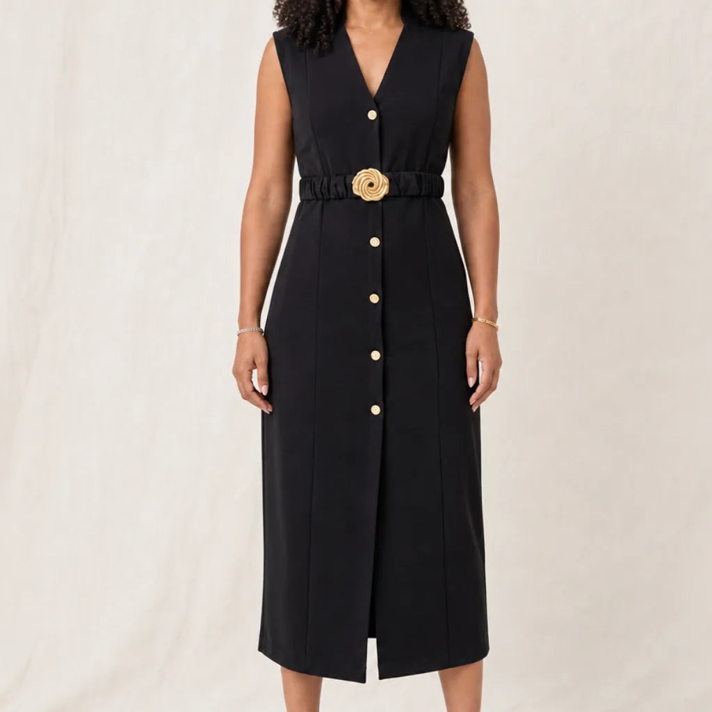 Langley Belted Midi Dress - Color:Black;Size:XS