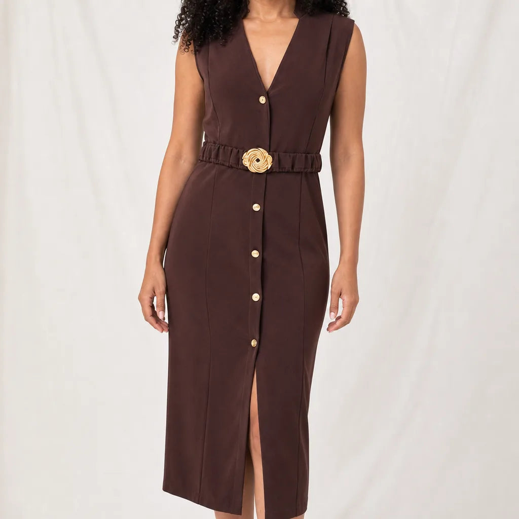 Langley Belted Midi Dress - Color:Brown;Size:XS