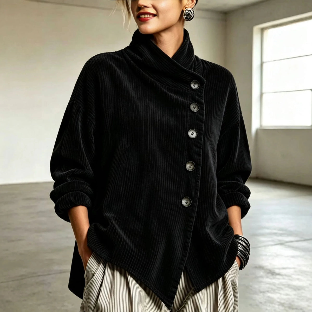 Lena | Women's Corduroy Cardigan Jacket - Color:Black;Size:XS