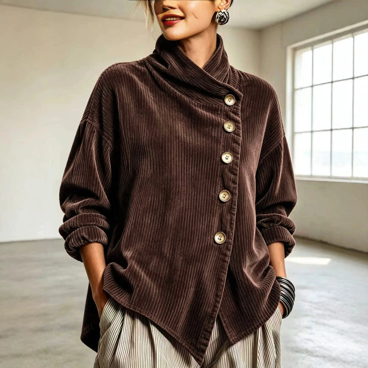 Lena | Women's Corduroy Cardigan Jacket - Color:Dark Brown;Size:XS