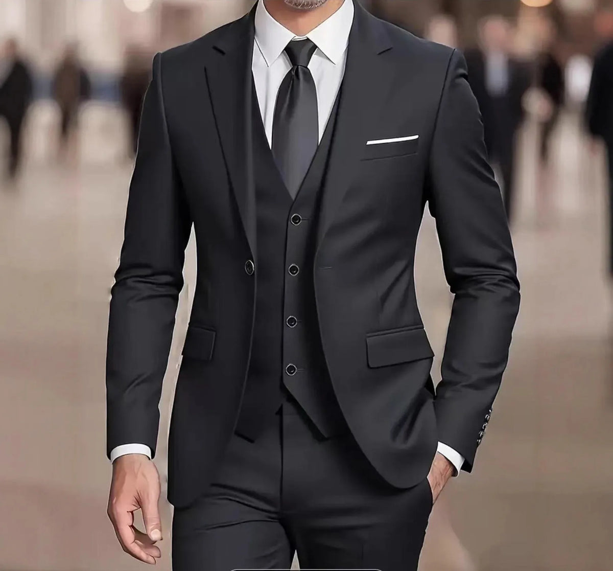 Liam | Men's Slim-Fit Three-Piece Single-Breasted Formal Suit - Color:Black;Size:S