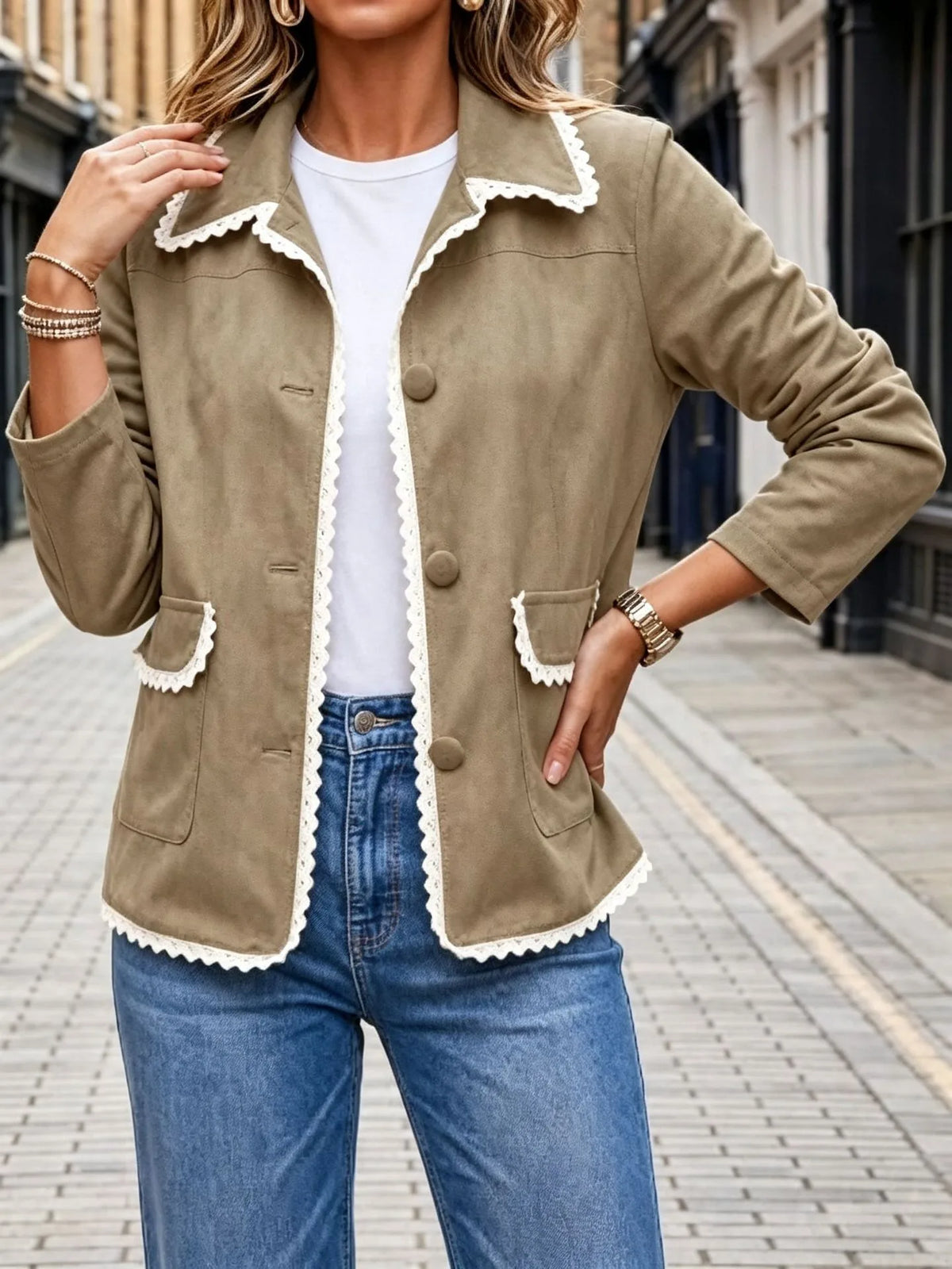 Lillie | Women's Lace-Trim Suede Jacket - Color:Olive;Size:XS