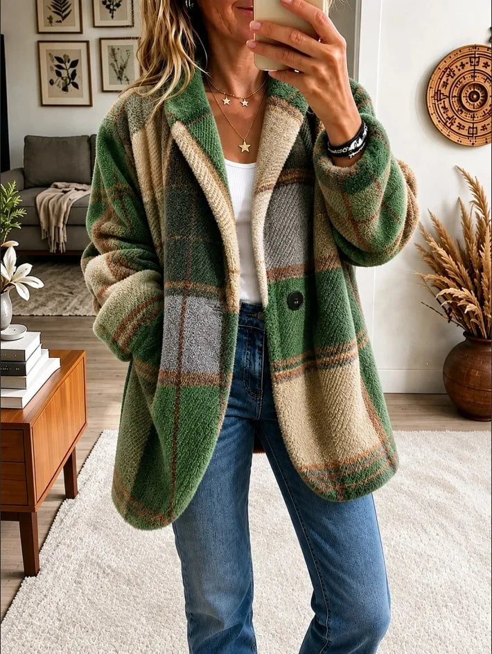 Livia | Women's Plaid Knitted Cardigan Jacket - Color:Green;Size:XS