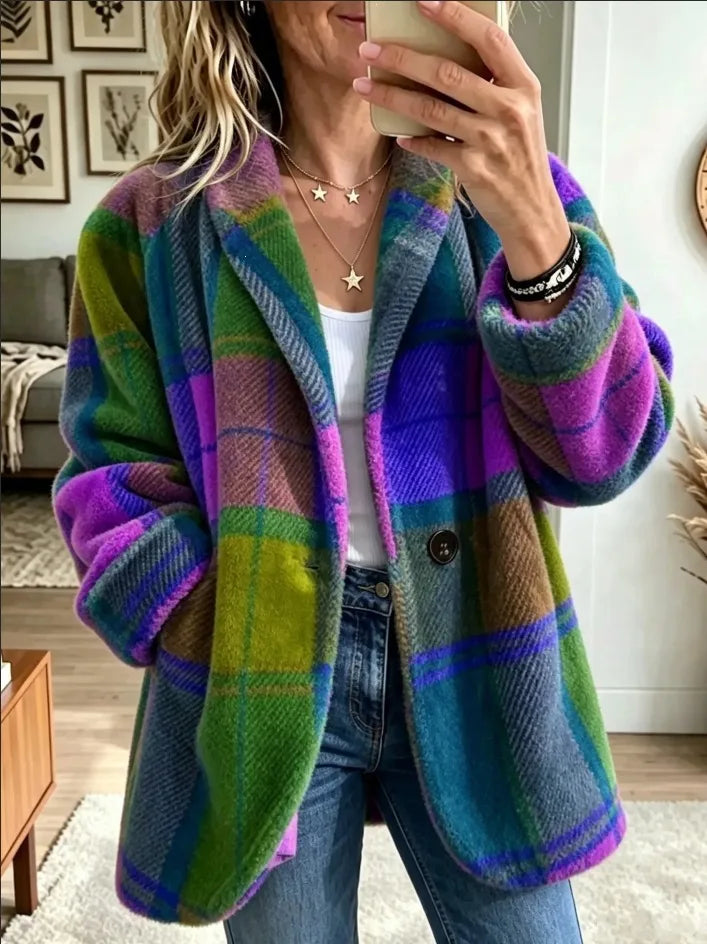 Livia | Women's Plaid Knitted Cardigan Jacket - Color:Purple;Size:XS