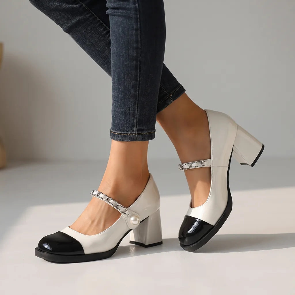 Lorraine | Women's Orthopaedic Block-Heel Mary Jane Shoes dubbel check gewicht - Color:White;Size:35