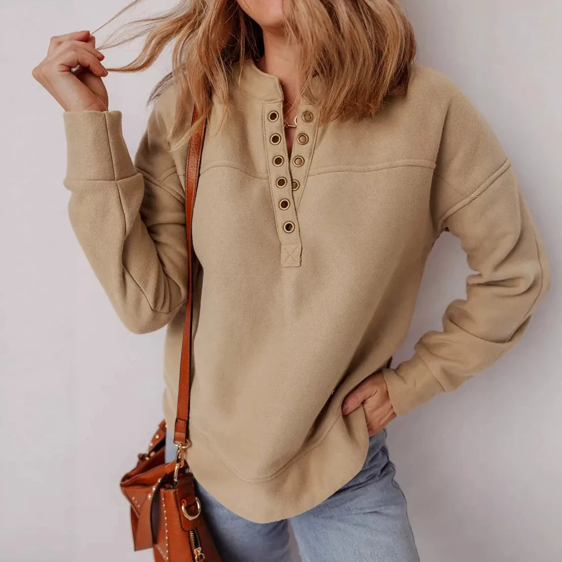 Lydia | Women's Henley Drop-Shoulder Sweatshirt - Color:Camel;Size:XS
