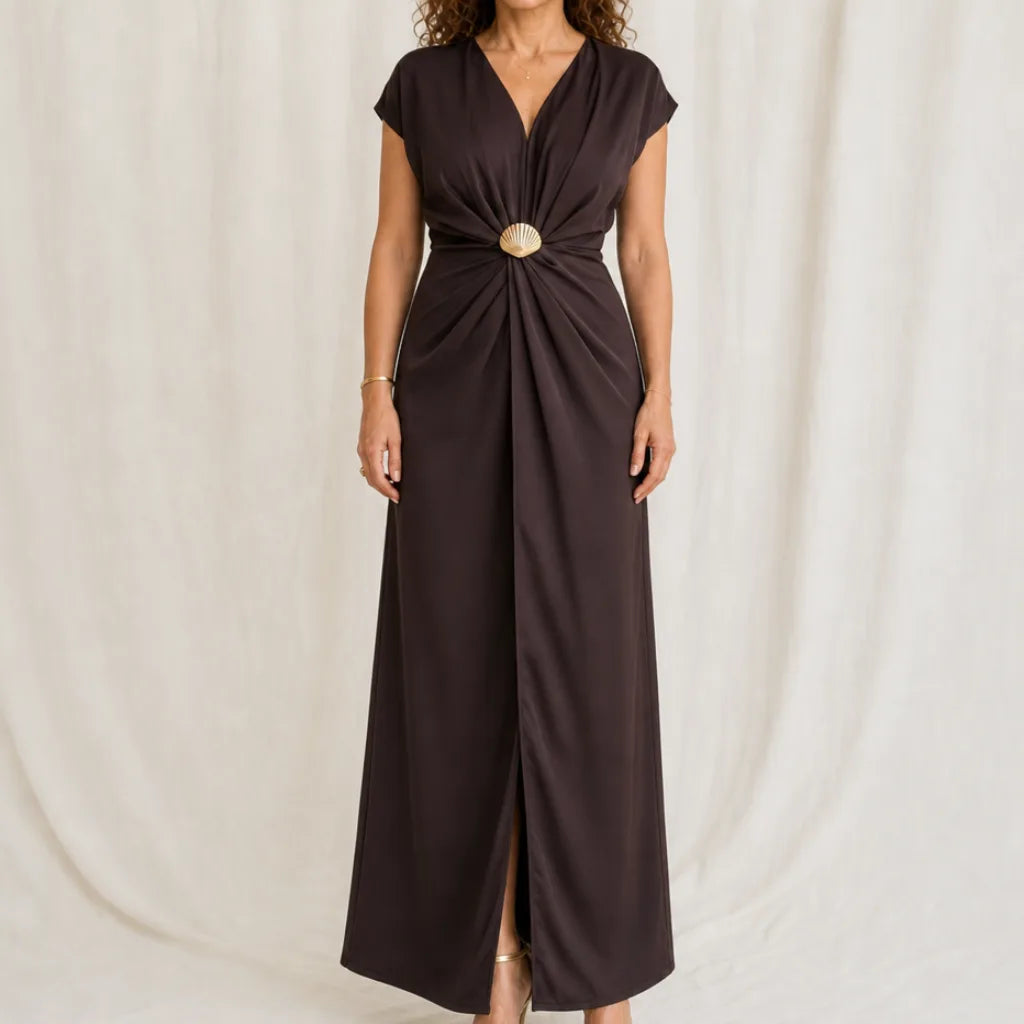 Lyla Shell Buckle Maxi Dress - Color:Brown;Size:XS