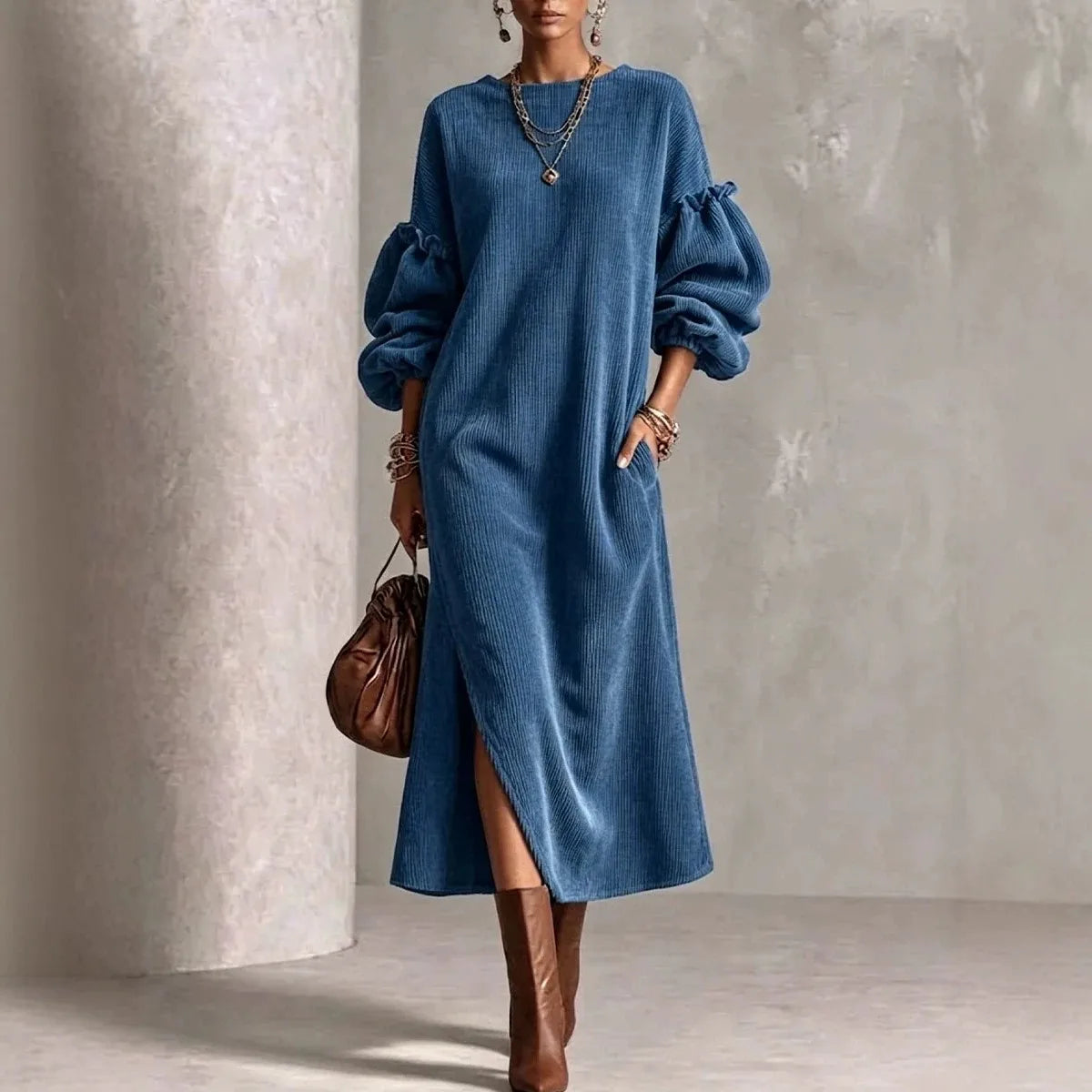 Marigold | Women's Puff-Sleeve Maxi Dress - Blue